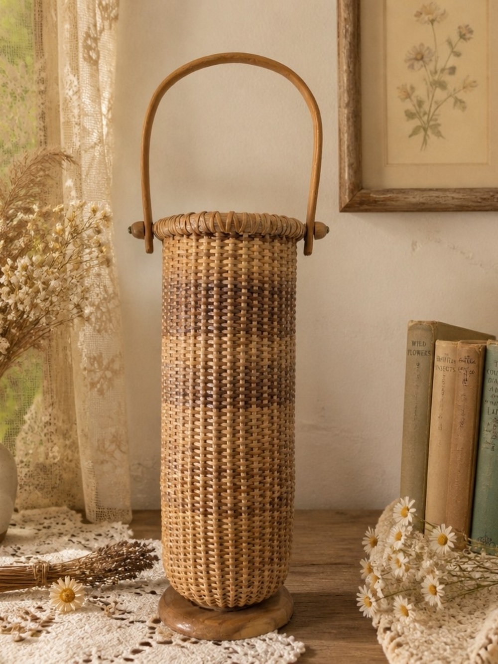 Handwoven Natural Rattan Tall Basket with Handle - Natural Brown